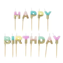 Buchstabenkerzen Happy Birthday Pastell und Gold