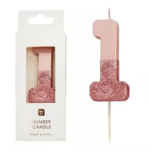 Candela numero 1 con oro rosa e glitter rosa