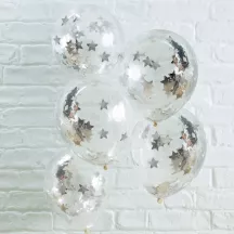 Palloncini con coriandoli stelle argentate, set da 5 (Ø 30 cm)