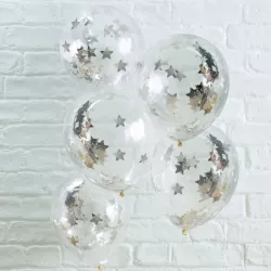 Konfetti Ballons Silber Sterne, 5er-Set (Ø 30 cm)