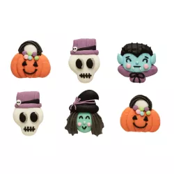 6 Pumpkin, vampire, witch and skull sugar decorations
