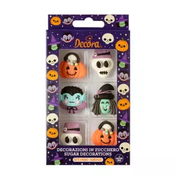 6 Pumpkin, vampire, witch and skull sugar decorations