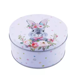 Cookie tin round rabbit white, Ø 135 x 70 mm