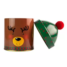 Cookie tin reindeer with cap, round Ø 90 x 125 mm