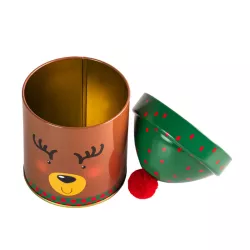 Cookie tin reindeer with cap, round Ø 90 x 125 mm