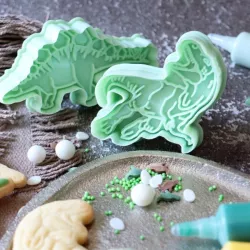 Cookie cutter with dinosaur ejector, 2 pieces