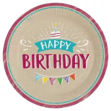Assiette en carton Happy Birthday Naturel Ø 23 cm, 8 pièces