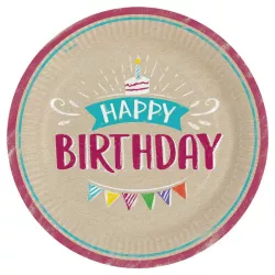 Paper plate Happy Birthday nature Ø 23 cm, 8 pieces