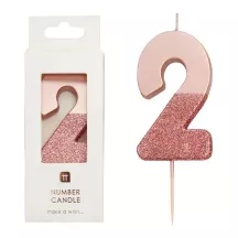 Zahlenkerze 2 mit Rose-Gold und Rosaglitzer