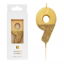 Bougie numérotée 9 avec or et paillettes d'or
