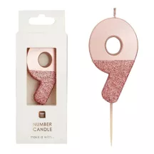 Bougie numéro 9 avec or rose et paillettes roses