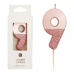 Bougie numéro 9 avec or rose et paillettes roses
