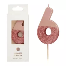 Bougie numéro 6 avec or rose et paillettes roses
