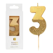 Zahlenkerze 3 mit Gold und Goldglitzer