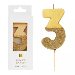 Number candle 3 with gold and gold glitter