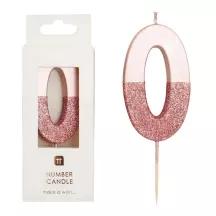 Bougie numéro 0 avec or rose et paillettes roses