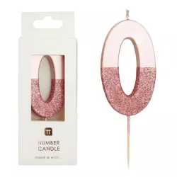 Candela numero 0 con oro rosa e glitter rosa