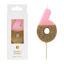 Bougie numéro 6 avec rose et or