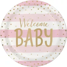 Assiettes en carton Welcome Baby rose or Ø 22.2 cm, 8 pièces