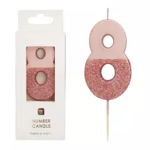 Bougie numéro 8 avec or rose et paillettes roses