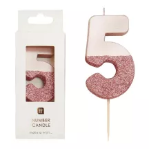 Zahlenkerze 5 mit Rose-Gold und Rosaglitzer