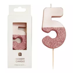 Candela numero 5 con oro rosa e glitter rosa