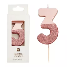 Candela numero 3 con oro rosa e glitter rosa