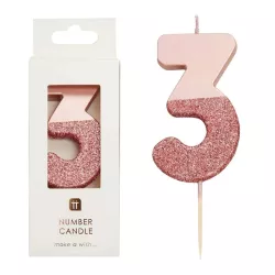 Bougie numéro 3 avec or rose et paillettes roses
