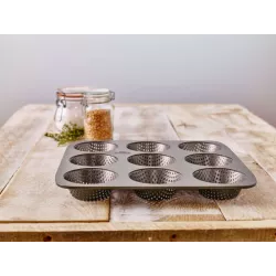 Perforated bread roll baking tray with non-stick coating