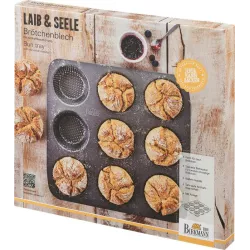 Perforated bread roll baking tray with non-stick coating
