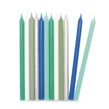 Bougies dans les tons argentés, bleus & verts, 12 pièces