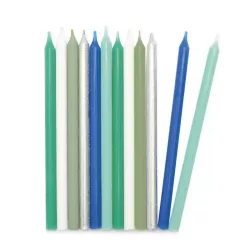 Candles in shades of silver, blue & green, 12 pieces