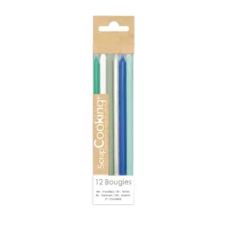 Bougies dans les tons argentés, bleus & verts, 12 pièces