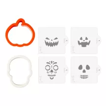 2 pumpkin and skull cookie cutters and 4 stencils