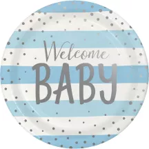 Assiette en carton Welcome Baby bleu argent Ø 22.2 cm, 8 pièces