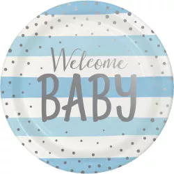 Paper plate Welcome Baby Blue Silver Ø 22.2 cm, 8 pieces