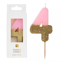 Candela numero 4 con rosa e oro