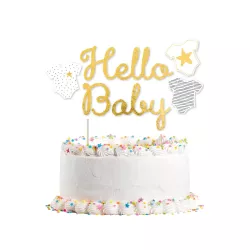 Cake topper Hello Baby bianco-oro
