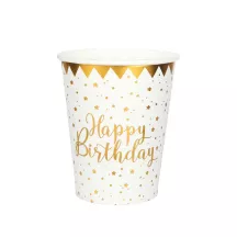10 Weisse und goldene Pappbecher "Happy Birthday"