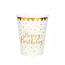 10 Weisse und goldene Pappbecher "Happy Birthday"