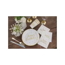 10 White and golden "Happy Birthday" paper cups