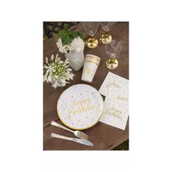 10 Gobelets blancs et dorés "Happy Birthday" en carton