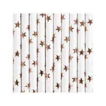 10 Pailles blanches avec étoiles rose gold