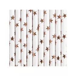 10 Pailles blanches avec étoiles rose gold