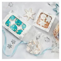 2 cardboard Christmas cookie boxes with silver snowflakes