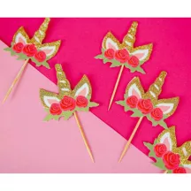 6 cake toppers with flowery unicorn heads