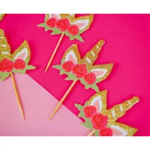 6 Cake Topper têtes de licornes fleuries