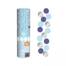 Cannone di coriandoli blu chiaro, blu scuro e cerchi d'argento