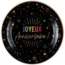 6 Festicolour black "Joyeux Anniversaire" plates