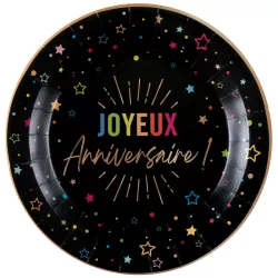 6 Assiettes "Joyeux Anniversaire" festicolor noir